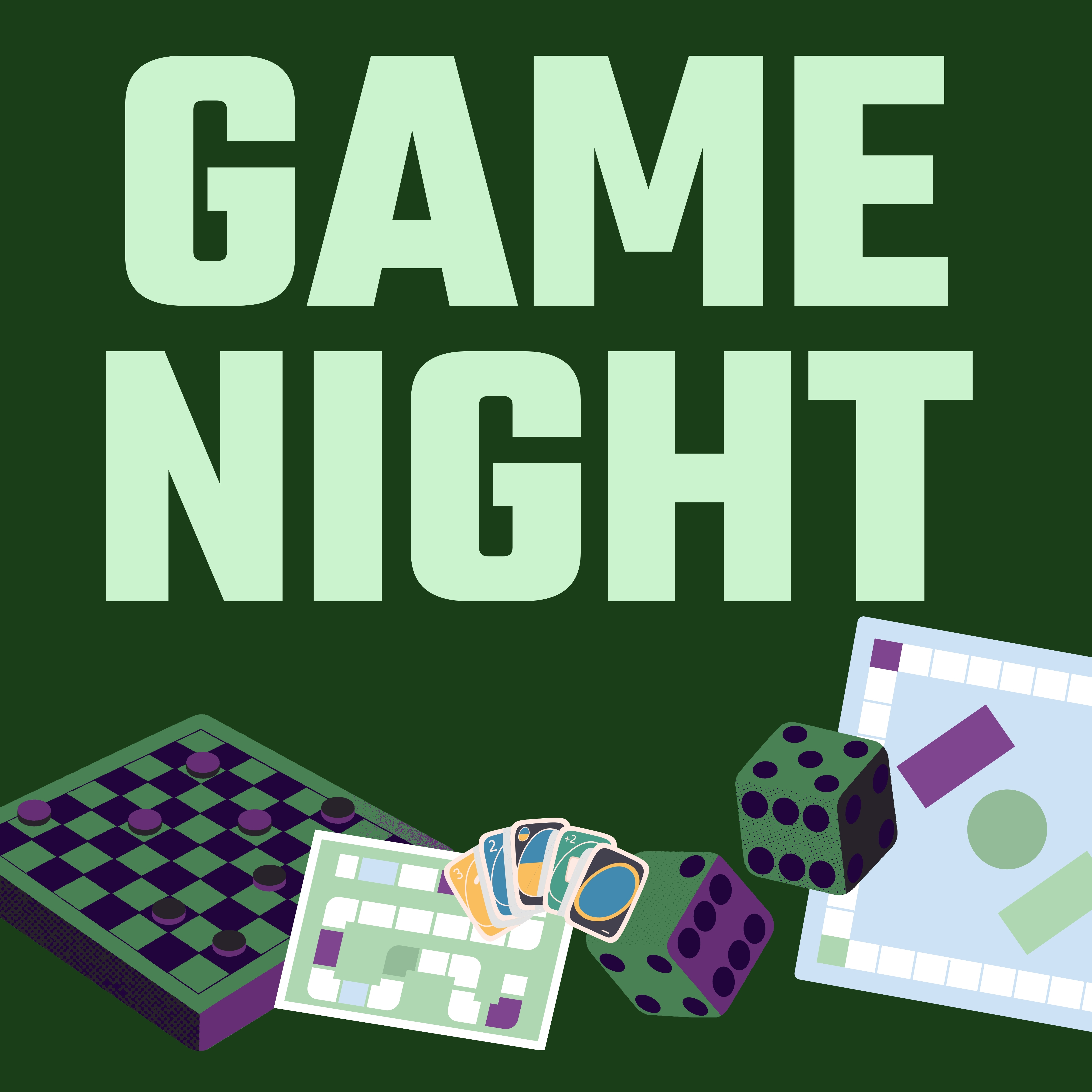 dark green square image that has the words game night in all caps above a game of checkers, two board games, and dice.