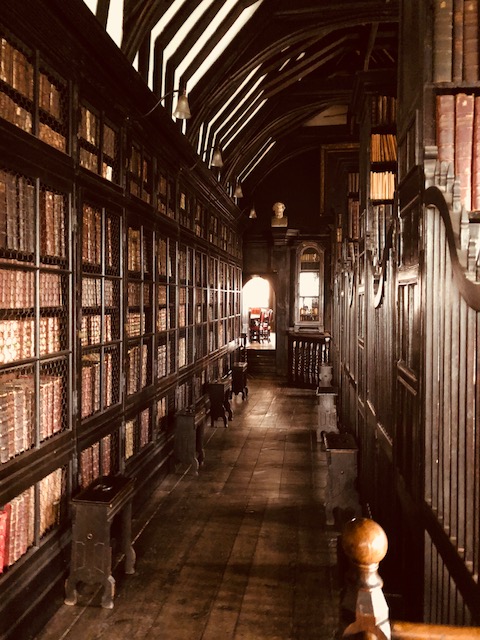 image of narrow library hallway in a Turdo era building. There is dark wood and striped ceiling beams.