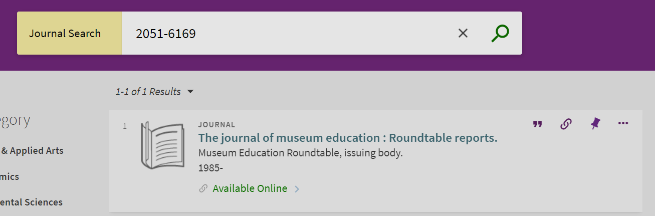 image of a search engine that reads 'Journal Search' and an ISSN number of 2051-6169. The search result is for the Journal of Museum Education Roundtable. The form is white on a purple background.