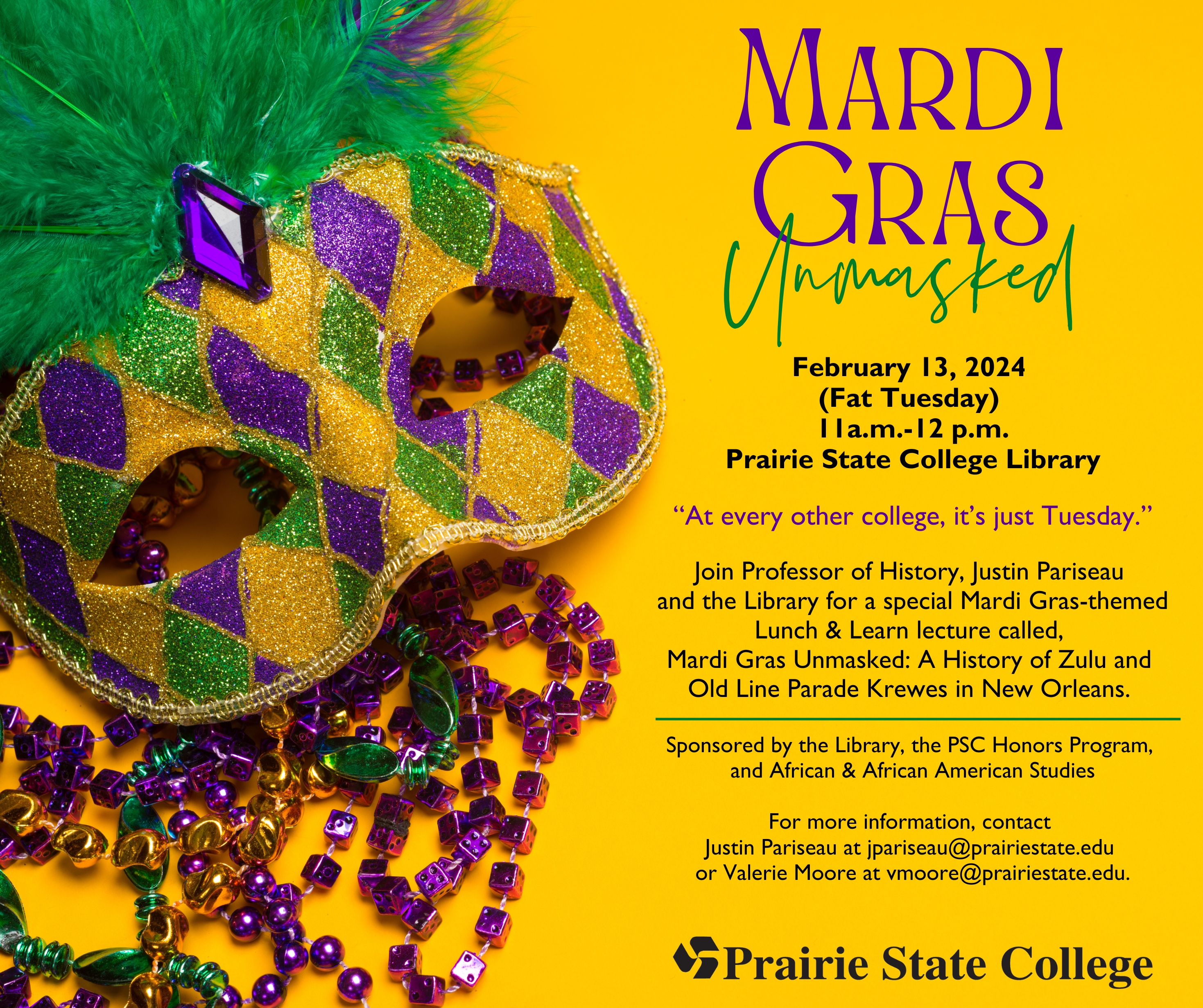 image with a Mardi Gras Mask and beads. Includes the and date, time, and information about the event, which is also listed below