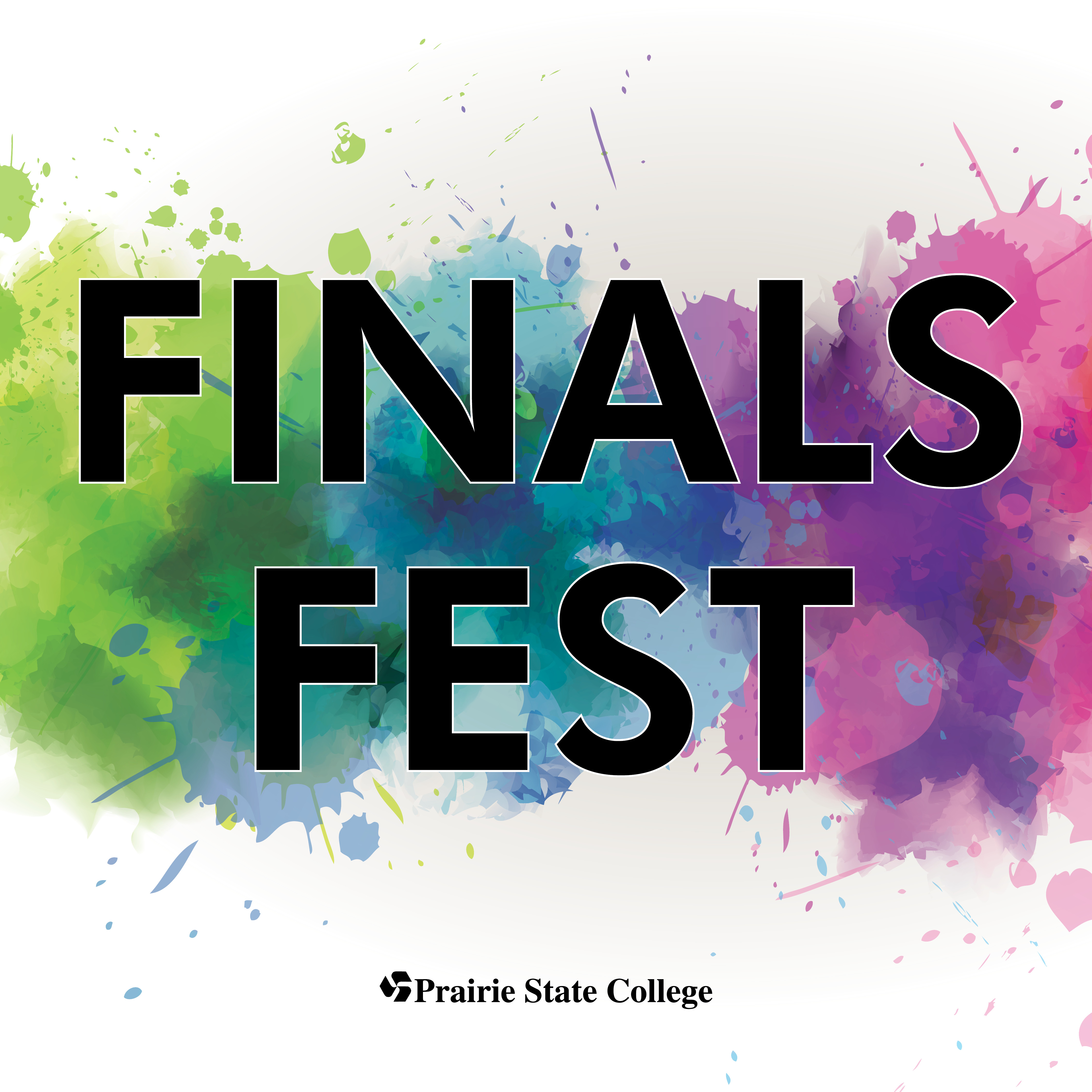 This is an image of the words 'FINALS FEST' in all caps, black font. The words cover a tie-dye background with green, blue, and purple