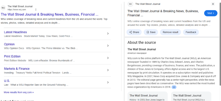 A screenshot of the About the Source feature, which usually pulls from Wikipedia. This is for the Wall Street Journal. The highlights include, 'WSJ.com is the online platform for The Wall Street Journal (WSJ), an American newspaper founded in 1889 by Charles Dow, Edward Jones, and Charles Bergstresser, providing coverage of business, finance, and news. The publication, a division of Dow Jones & Company, offers digital access and is the largest U.S. newspaper by print circulation. It operates on a subscription model and publishes WSJ Magazine. In 2007, News Corp acquired Dow Jones & Company and spun it off in 2013. The editorial page generally has a center-right perspective, while the news pages have been described as conservative. The WSJ was ranked the most trusted news organization by Americans in 2018.'”