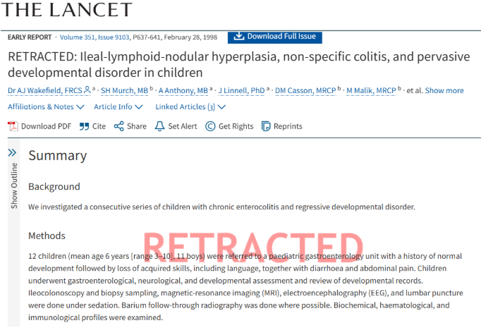 Screenshot of Andrew Wakefield's retracted article which has the word, RETRACTED watermarked in red all caps.